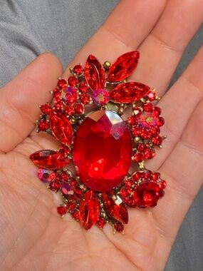 Red Rhinestone Crystal Statement Brooch Pendant Large Oval Center Sparkle 2.75"